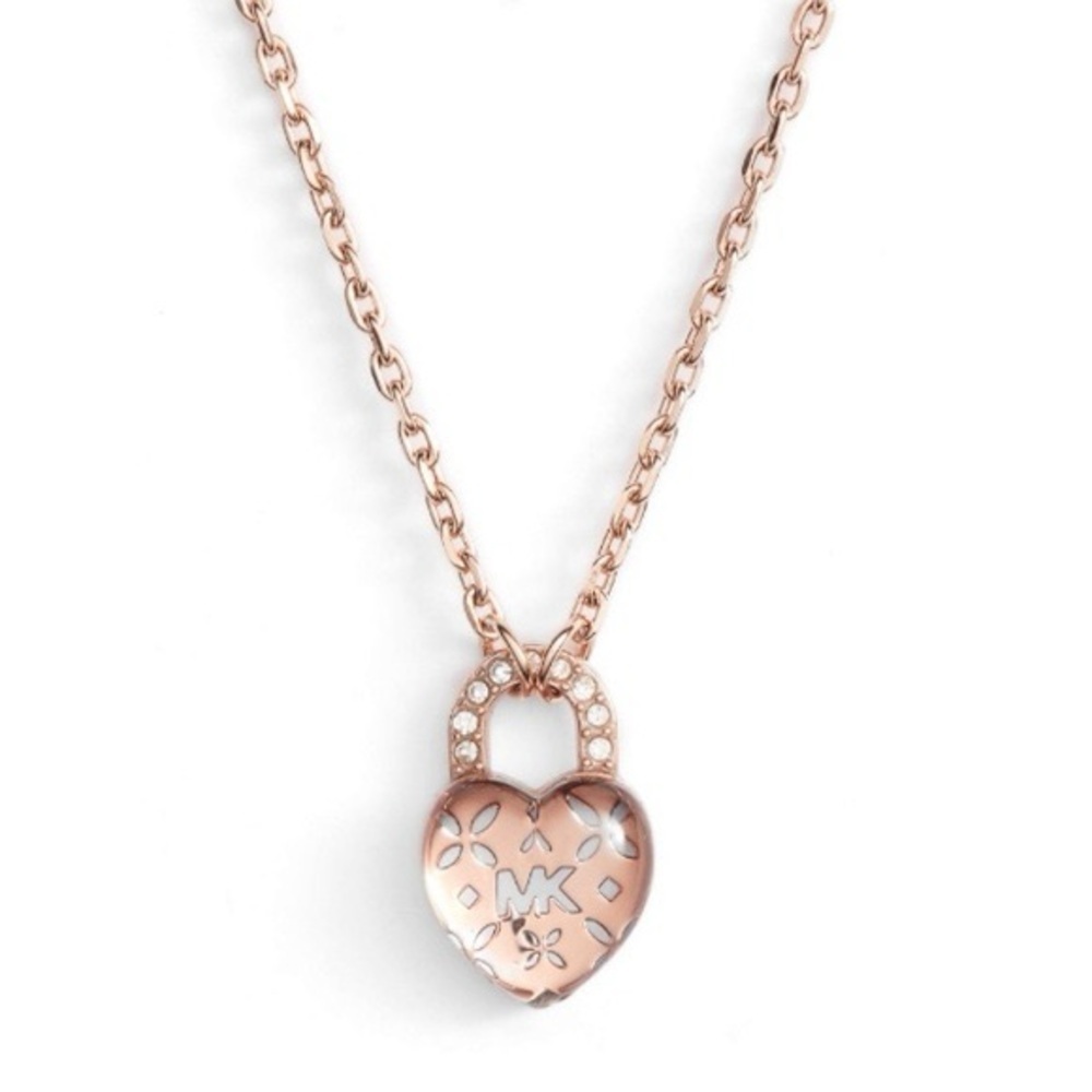 NWT Michael Kors Authentic MK Rose Gold Clear Heart Lock Charm Necklace